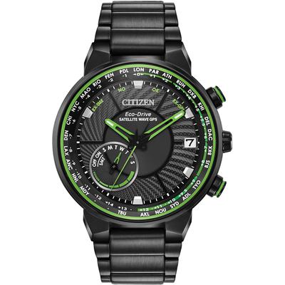Citizen - Men's Eco-Drive Satellite Wave GPS Watch in Black Stainless Steel with Green Accents - CC3035-50E