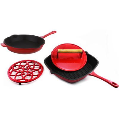BergHOFF - Neo 4-Piece Cast Iron Fry Pan and Grill Pan Set - Red - 2211770