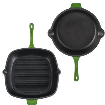 BergHOFF - Neo 2-Piece Cast Iron 10" Fry Pan and 11" Grill Pan Cookware Set - Green - 2211806