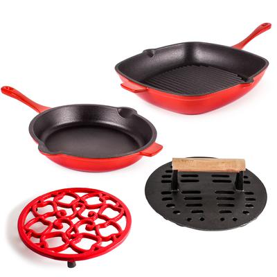 BergHOFF - Neo 4-Piece Cast Iron Grill and Fry Pan Set - Red - 2220196
