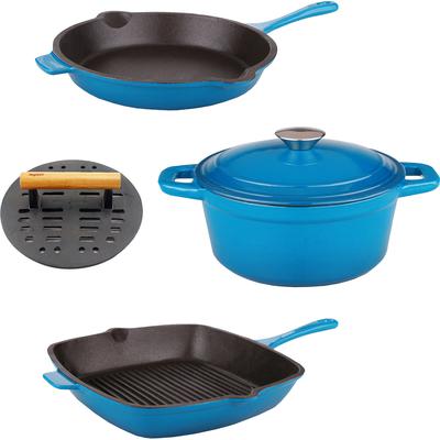 BergHOFF - Neo 5-Piece Cast Iron Cookware Set with Slotted Steak Press - Blue - 2220201