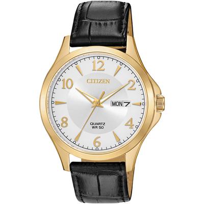 Citizen - Men's Gold-Tone Quartz Watch with Black Leather Strap and Silver Dial - BF2003-25A