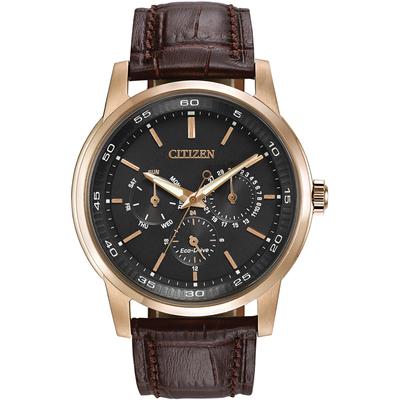 Citizen - Men's Corso Rose Gold-Tone Eco-Drive Watch with Brown Leather Strap and Black Dial - BU2013-08E