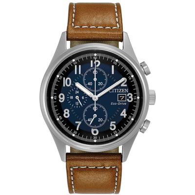 Citizen - Men's Chandler Eco-Drive Watch with Distressed Brown Strap and Blue Dial - CA0621-05L