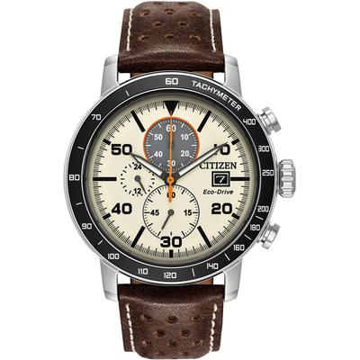 Citizen - Men's Brycen Stainless Steel Eco-Drive Watch with Black Bezel and Brown Leather Strap - CA0649-06X