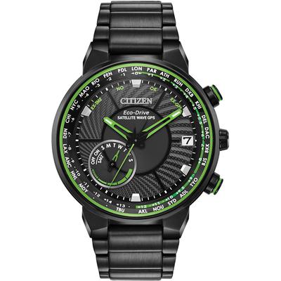 Citizen - Men's Eco-Drive Satellite Wave GPS Watch in Black Stainless Steel with Green Accents - CC3035-50E