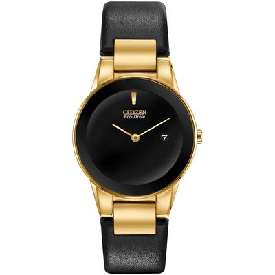 Citizen - Ladies' Gold-Tone Eco-Drive Watch with Black Leather Strap - GA1052-04E